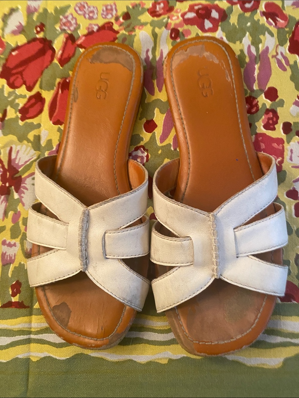 UGG Ivory Leather Slide Mules with Tan Footbed.  Size 8